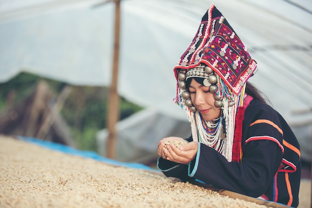 Las mujeres Akha sonrieron y admiraron el café.