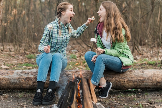 Mujeres de alto ángulo comiendo malvavisco