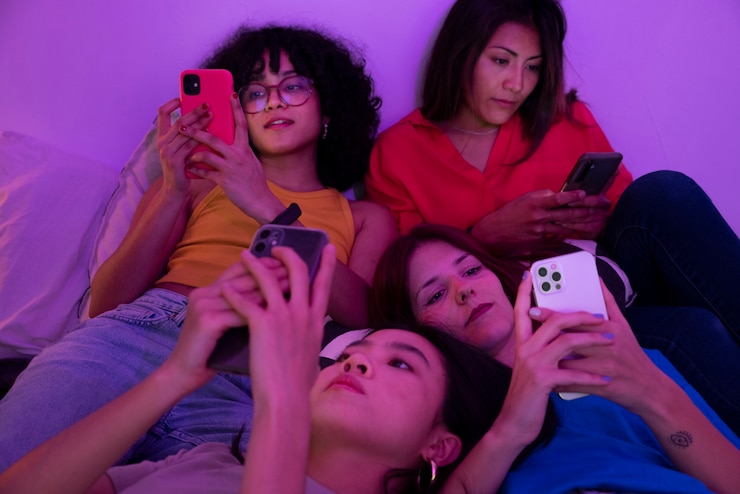 Foto gratuito mujeres de alto ángulo con teléfonos inteligentes