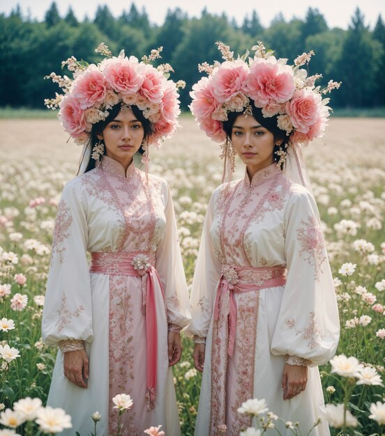 Mujeres asiáticas posando en un campo