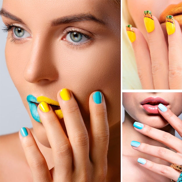 Mujeres con collage creativo de arte de uñas.