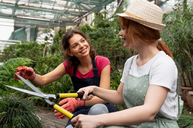 Mujeres cuidando sus plantas en invernadero.