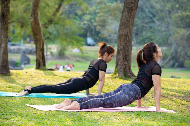 Las mujeres están jugando yoga en el gimnasio. El ejercicio