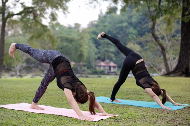 Las mujeres están jugando yoga en el gimnasio. El ejercicio