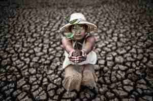 Foto gratuita las mujeres están sentadas sosteniendo las plántulas en tierra firme en un mundo en calentamiento.