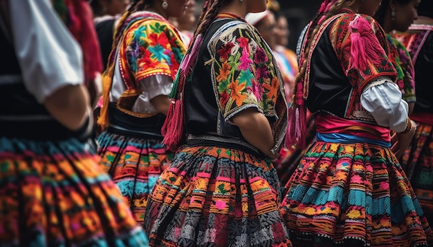 Mujeres con faldas multicolores bailan en un desfile generado por IA