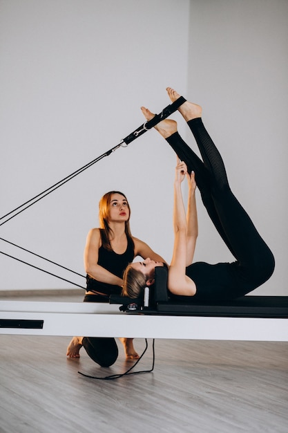 Mujeres haciendo pilates en un reformador.