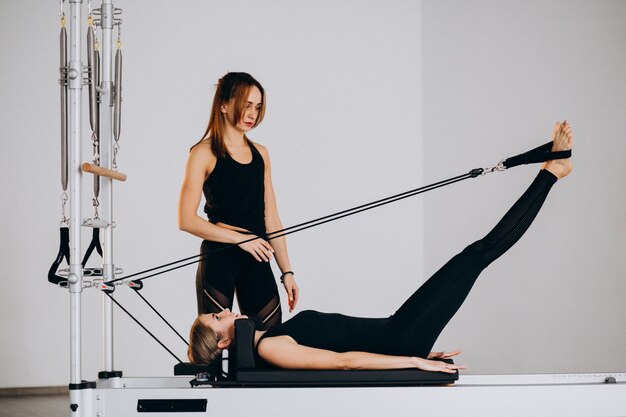 Mujeres haciendo pilates en un reformador.