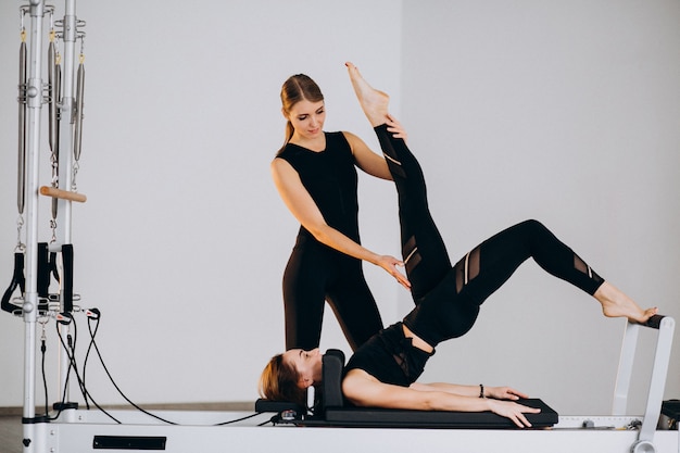 Mujeres haciendo pilates en un reformador.