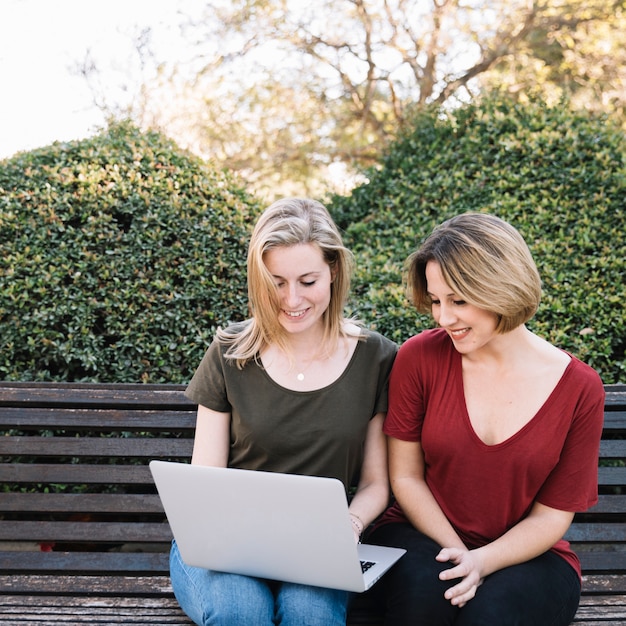 Mujeres hermosas que navegan la computadora portátil en banco