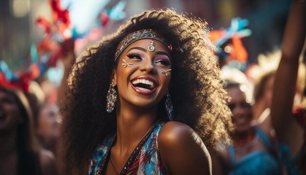 Mujeres jóvenes disfrutando de un festival de música tradicional brasileño al aire libre generado por inteligencia artificial