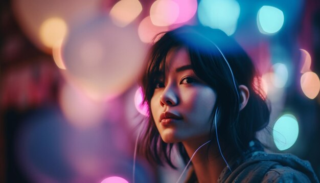 Mujeres jóvenes disfrutando de la vida nocturna iluminadas por farolas generadas por IA