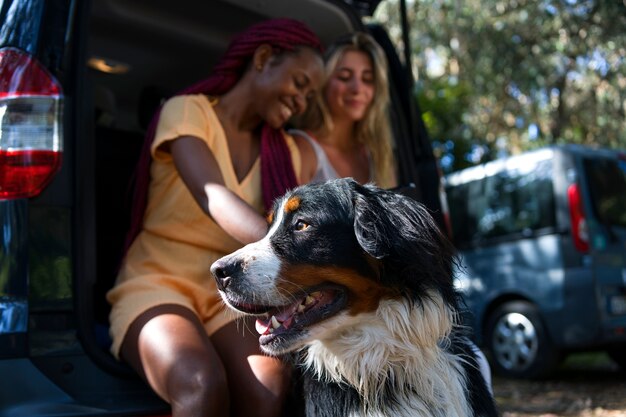 Mujeres jóvenes divirtiéndose con un perro en la playa