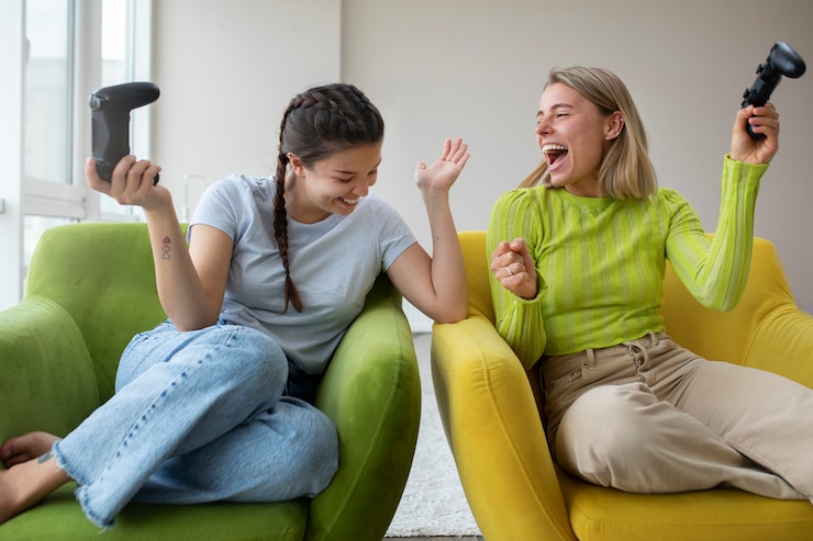 Foto gratuito mujeres jóvenes jugando videojuegos juntas