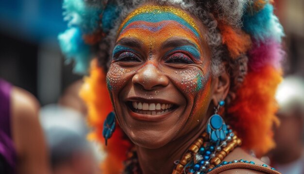 Mujeres jóvenes sonrientes con ropa tradicional bailan alegremente IA generativa