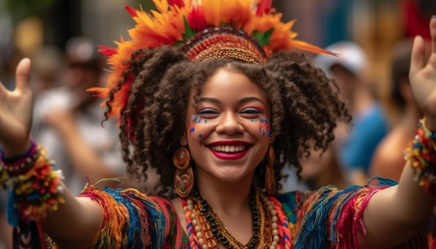 Mujeres jóvenes sonrientes con ropa tradicional celebran la cultura brasileña generada por la inteligencia artificial