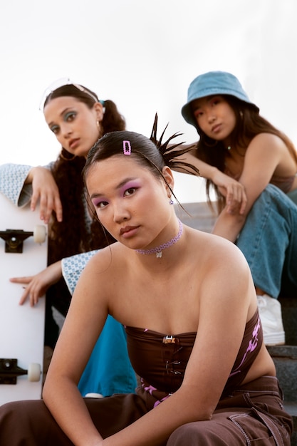 Mujeres jóvenes de tiro medio posando juntas