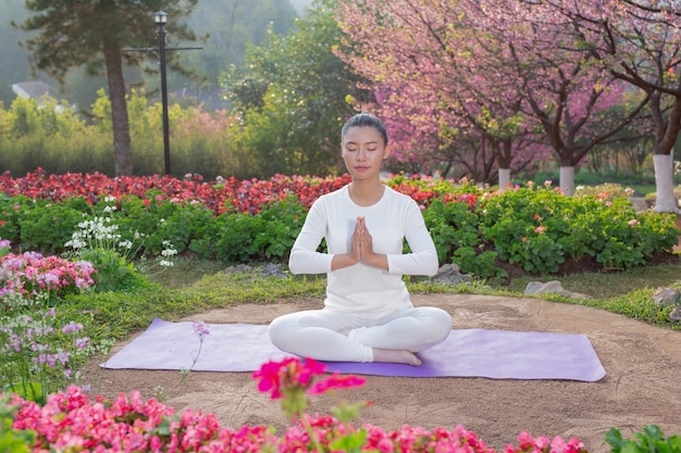 Las mujeres juegan yoga en el parque.