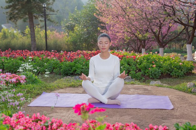 Las mujeres juegan yoga en el parque.