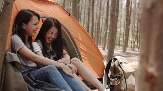 Mujeres lesbianas lgbtq pareja acampando o picnic juntos en el bosque