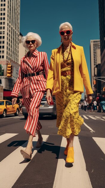 Mujeres mayores con estilo caminando por las calles de la ciudad de nueva york