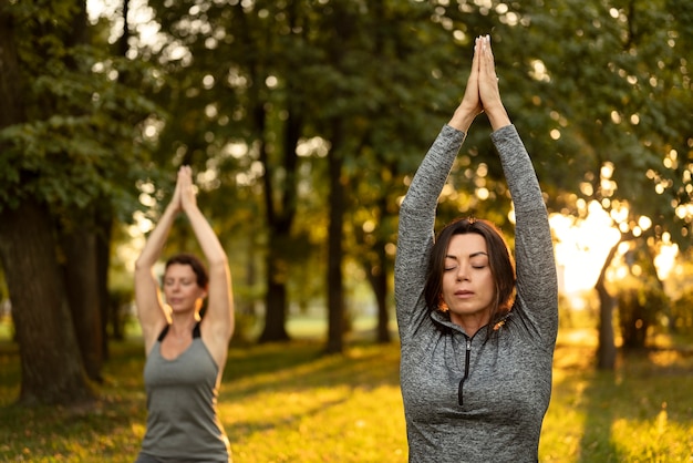 Mujeres meditando en la vista frontal de la naturaleza