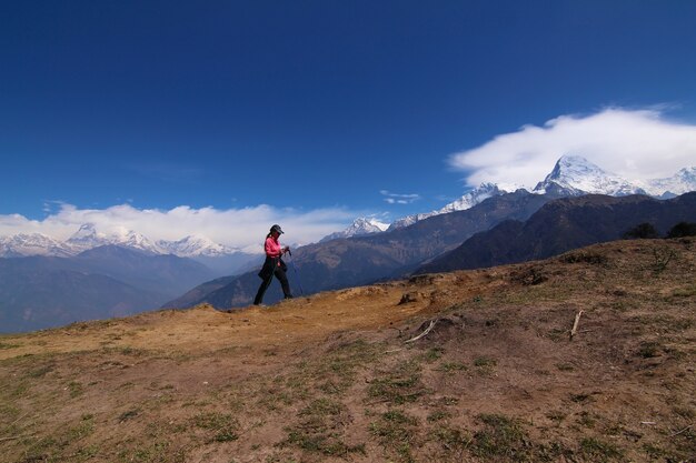 Las mujeres que caminan con la mochila que sostiene trekking se pegan alto en las montañas cubiertas con nieve en verano. Observación del paisaje durante un breve descanso