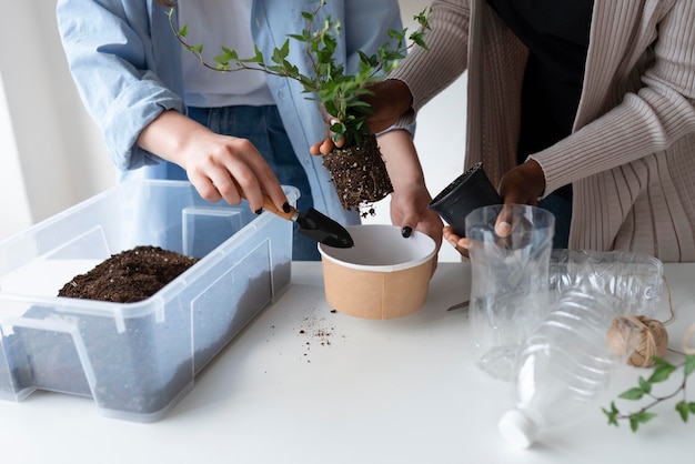 Mujeres que tienen un jardín sostenible en el interior.