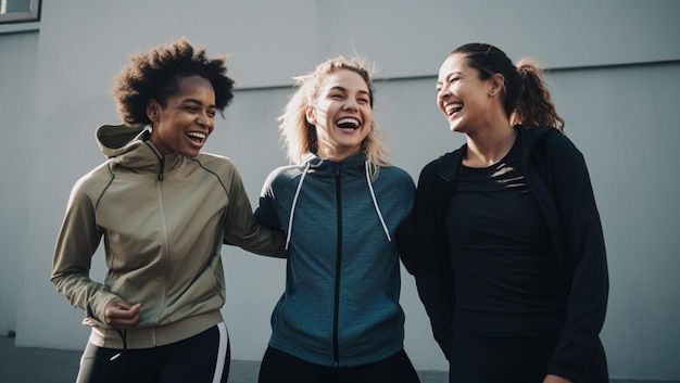 Mujeres con ropa deportiva riendo creadas con tecnología de IA generativa