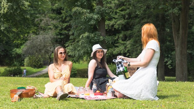 Mujeres sonrientes que disfrutan de comida campestre en el parque