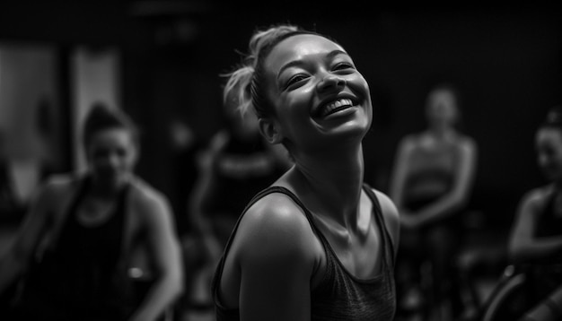 Mujeres sonrientes que realizan ballet audiencia disfruta de la actuación generada por IA