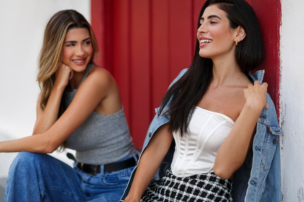 Mujeres sonrientes de tiro medio que pasan tiempo al aire libre