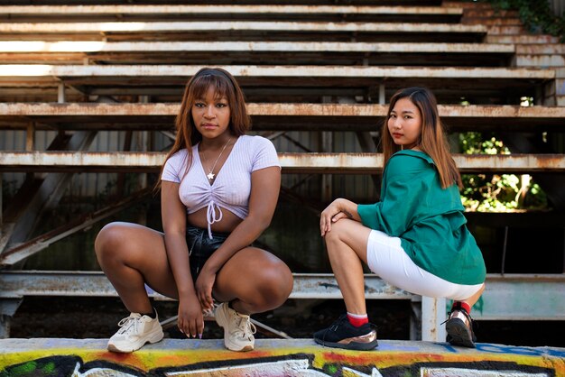 Mujeres de tiro completo haciendo twerking en la fiesta