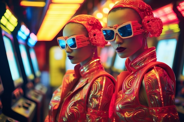 Mujeres de tiro medio en un casino futurista