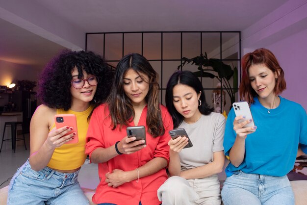 Mujeres de tiro medio sentadas con teléfonos inteligentes
