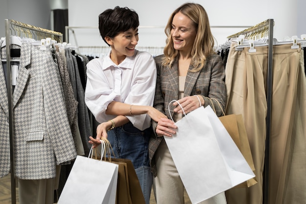 Mujeres de tiro medio sosteniendo bolsas de la compra.