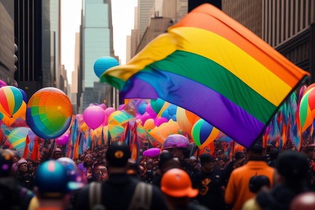 Una multitud de personas con globos de arcoíris en el fondo.