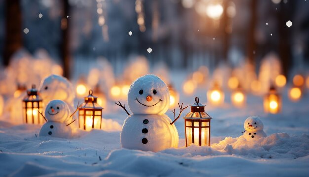 Muñeco de nieve sonriendo en la celebración nocturna de invierno con decoraciones generadas por inteligencia artificial