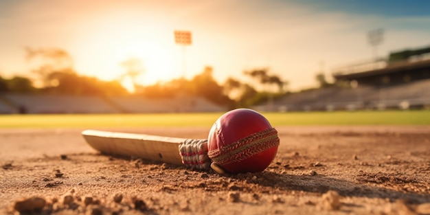 Foto gratuita murciélago de cricket y pelota en primer plano detrás del campo