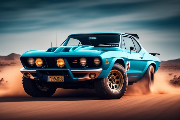 Un muscle car azul y negro con la matrícula que dice trans en el frente.