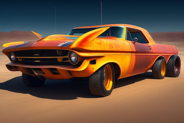 Un muscle car de color naranja brillante y naranja con un capó pintado con llamas.