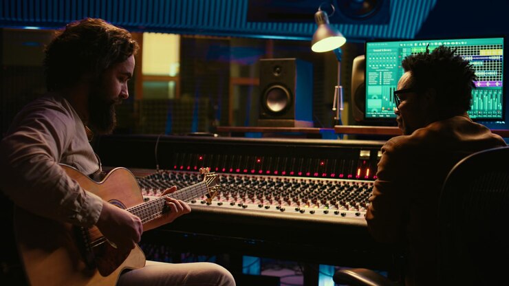 Photo Gratis musician and sound engineer recording guitar tunes in control room
