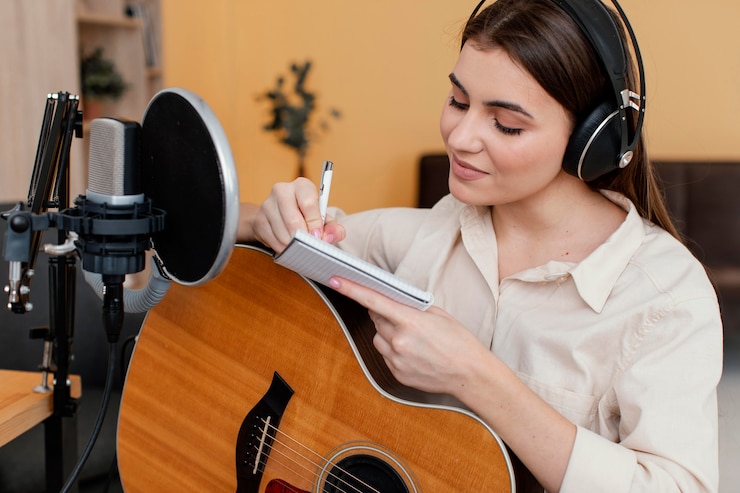 Foto gratuito músico femenino en casa escribiendo canciones mientras toca la guitarra acústica