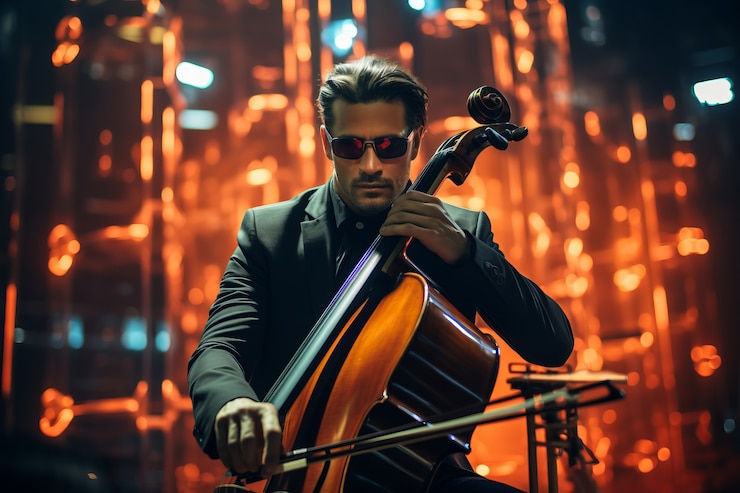 Foto gratuito músico futurista haciendo música con un instrumento