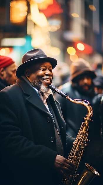 Foto gratuita músico masculino tocando el saxofón en la ciudad de nueva york