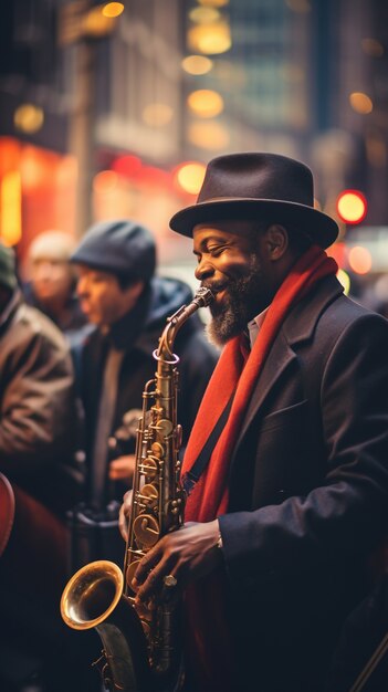 Músico masculino tocando el saxofón en la ciudad de Nueva York