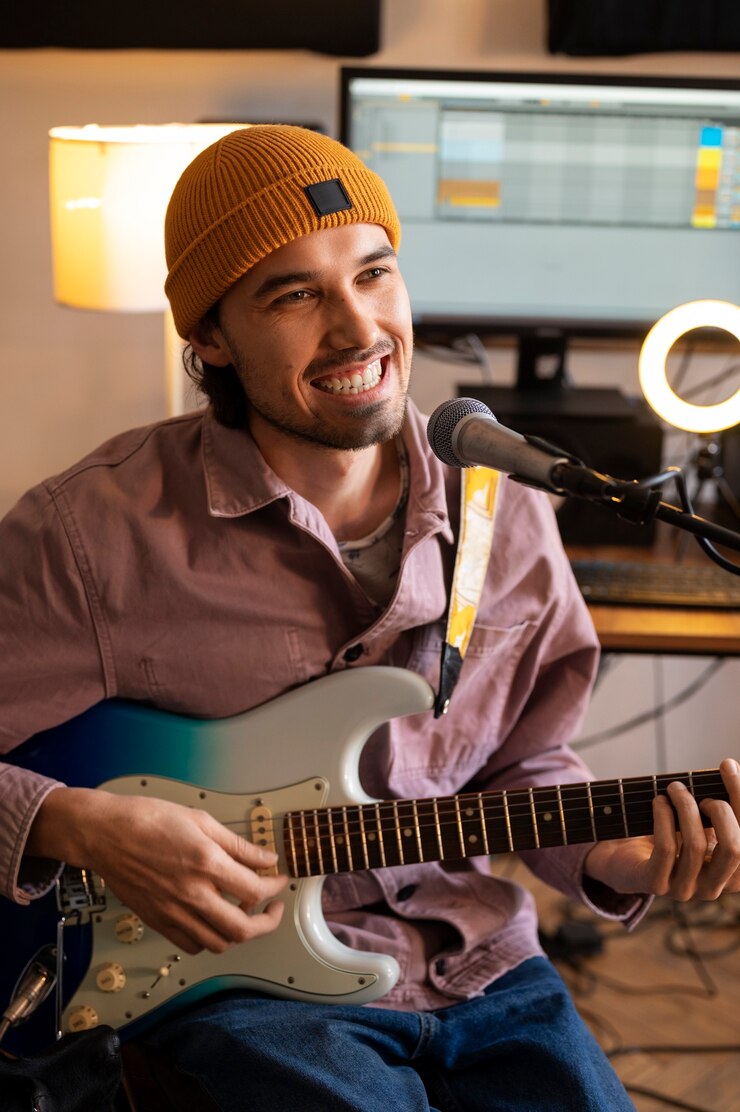 Foto gratuito músico de tiro medio trabajando en estudio.