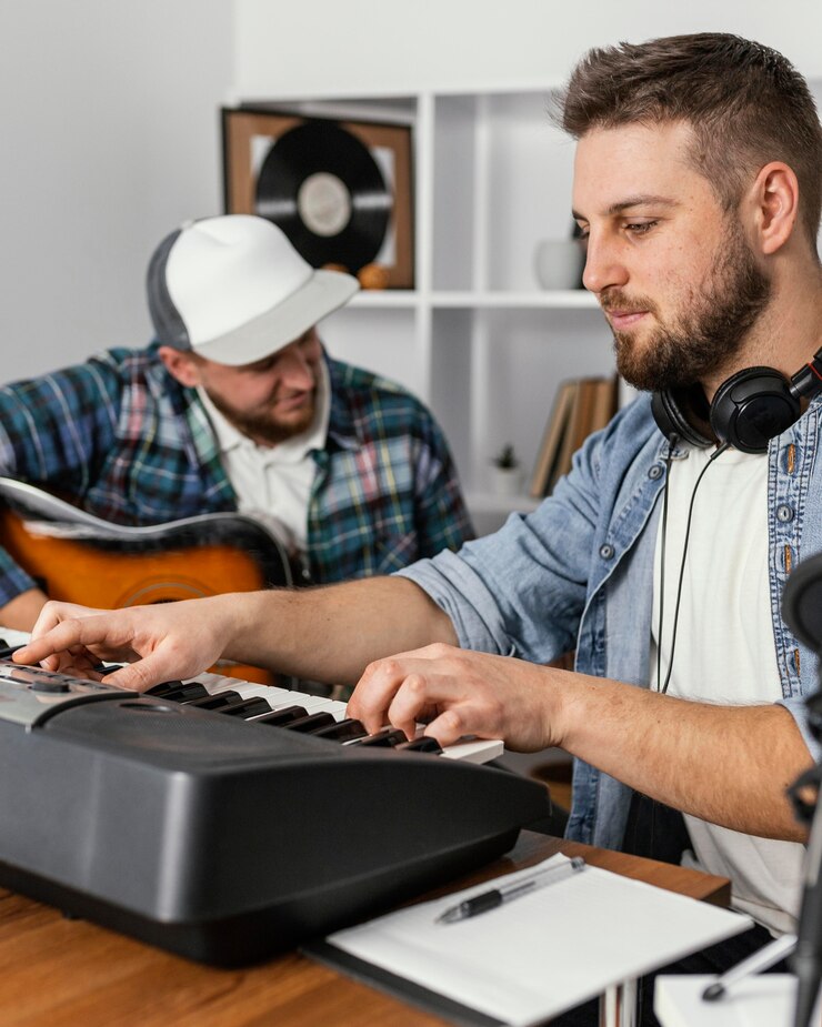 Foto gratuito músicos de primer plano que componen música