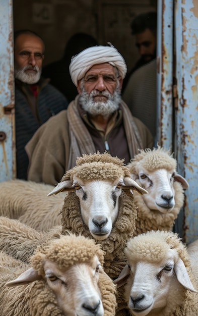 Foto gratuita muslim people with photorealistic animals prepared for the eid al-adha offering