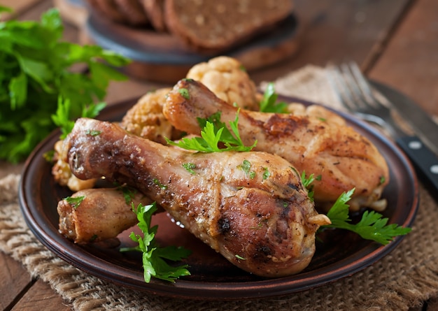 Muslo de pollo con coliflor al horno y perejil